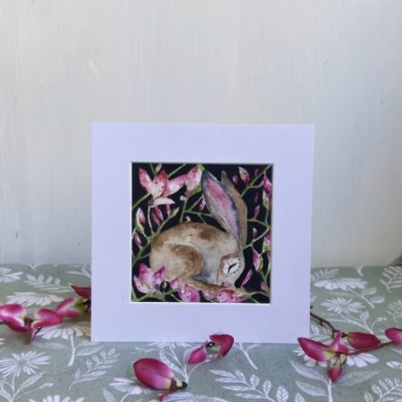 ACEO Mounted Original resting Hare / Rabbit with Blue Flowers