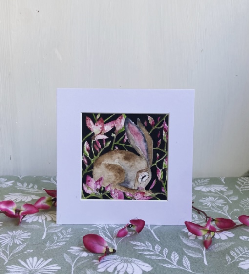 ACEO Mounted Original resting Hare / Rabbit with Blue Flowers