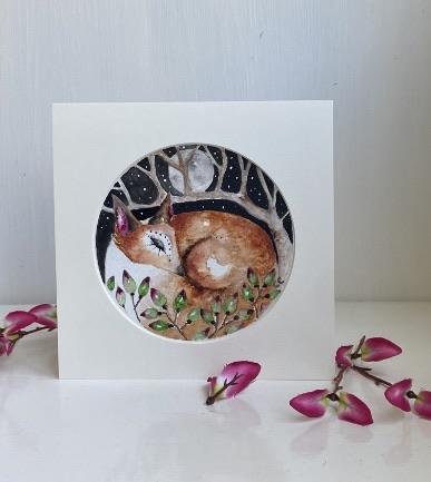 ACEO Monted Original resting Fox in Moonlight Watercolour