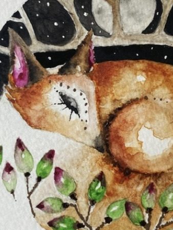 ACEO Monted Original resting Fox in Moonlight Watercolour