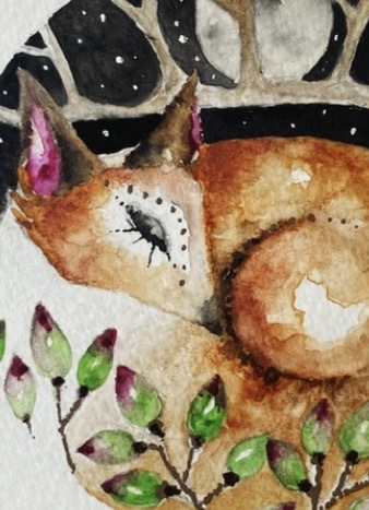 ACEO Monted Original resting Fox in Moonlight Watercolour