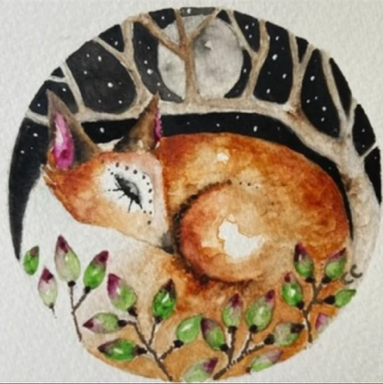 ACEO Monted Original resting Fox in Moonlight Watercolour