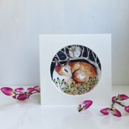ACEO Monted Original resting Fox in Moonlight Watercolour