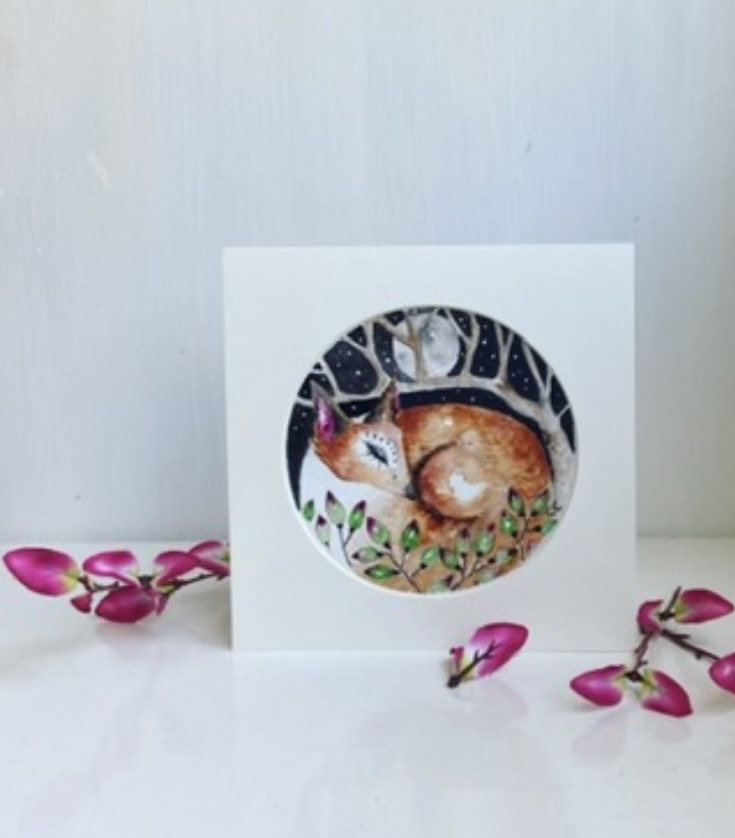 ACEO Monted Original resting Fox in Moonlight Watercolour