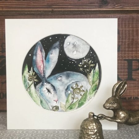 ACEO Mounted Original resting Hare / Rabbit under the Moon Watercolour