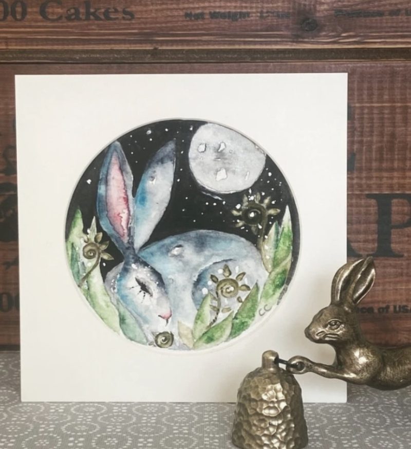 ACEO Mounted Original resting Hare / Rabbit under the Moon Watercolour