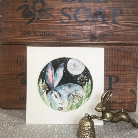 ACEO Mounted Original resting Hare / Rabbit under the Moon Watercolour