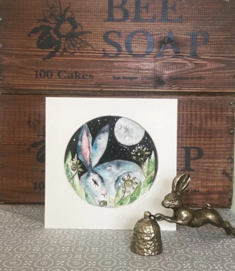 ACEO Mounted Original resting Hare / Rabbit under the Moon Watercolour