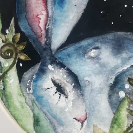 ACEO Mounted Original resting Hare / Rabbit under the Moon Watercolour