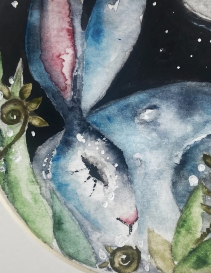 ACEO Mounted Original resting Hare / Rabbit under the Moon Watercolour