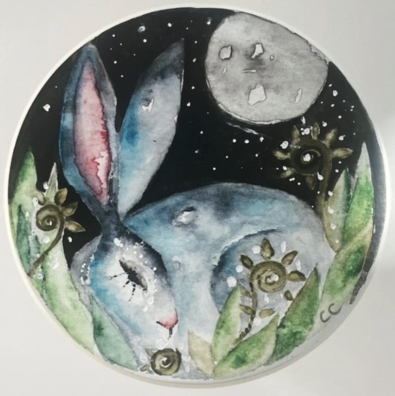ACEO Mounted Original resting Hare / Rabbit under the Moon Watercolour