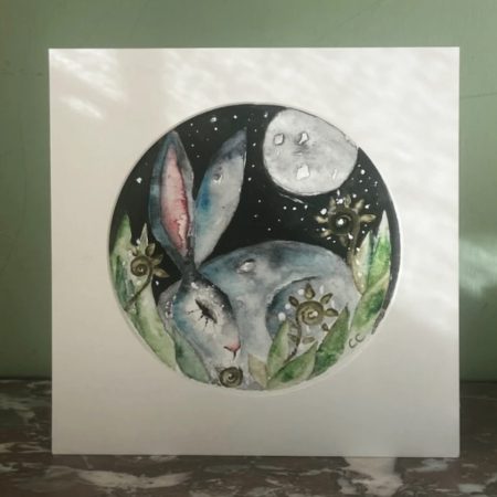 ACEO Mounted Original resting Hare / Rabbit under the Moon Watercolour