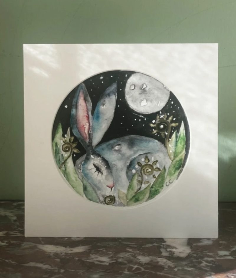 ACEO Mounted Original resting Hare / Rabbit under the Moon Watercolour