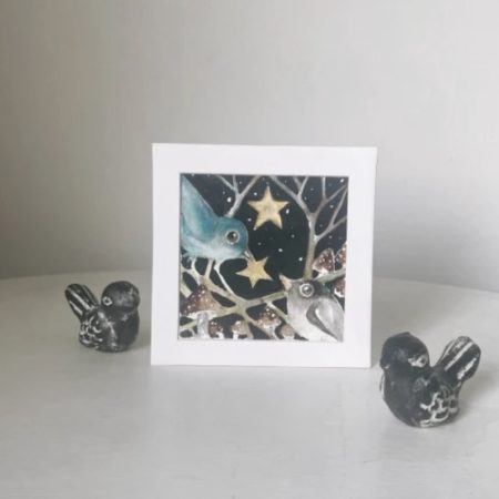 ACEO Monted Original Birds with Stars Watercolour