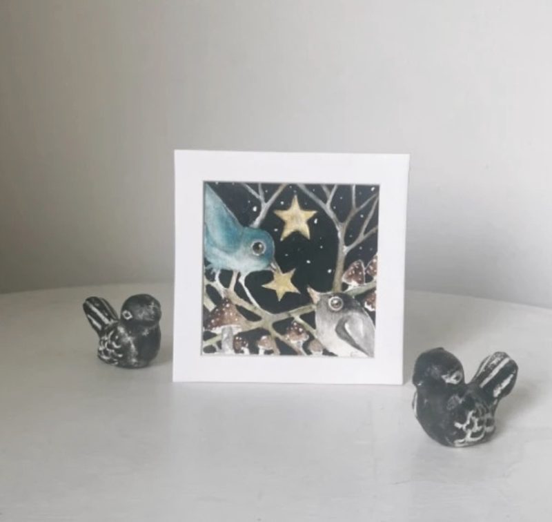 ACEO Monted Original Birds with Stars Watercolour