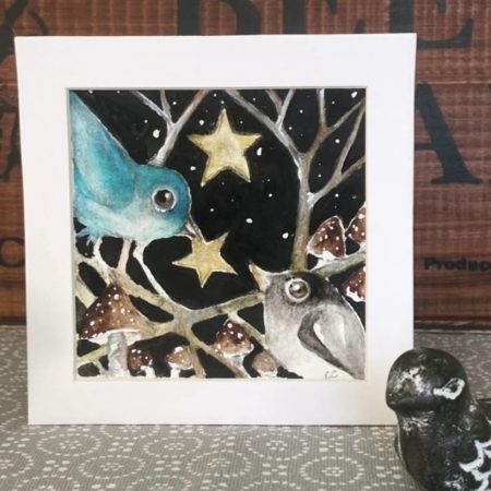 ACEO Monted Original Birds with Stars Watercolour