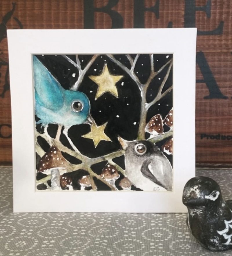 ACEO Monted Original Birds with Stars Watercolour