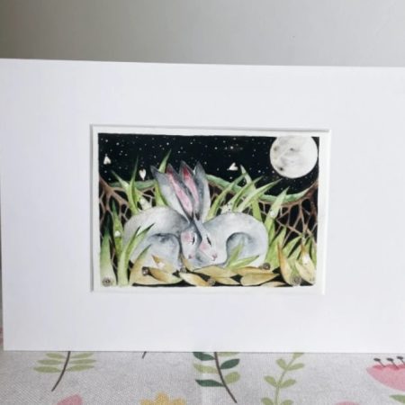 Mounted Original resting Hares / Rabbits under the Moon Watercolour