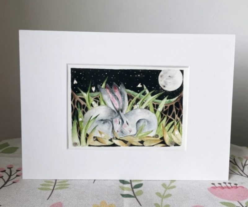 Mounted Original resting Hares / Rabbits under the Moon Watercolour