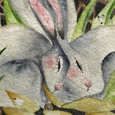 Mounted Original resting Hares / Rabbits under the Moon Watercolour