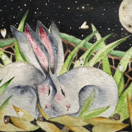 Mounted Original resting Hares / Rabbits under the Moon Watercolour