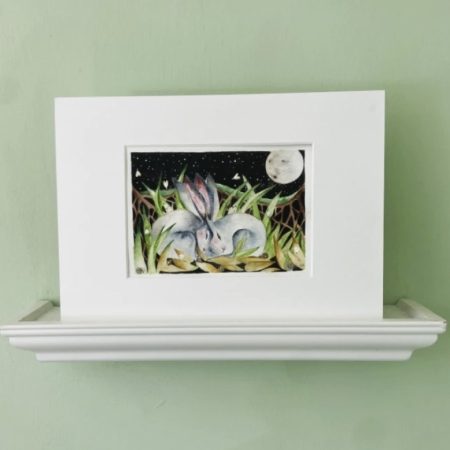 Mounted Original resting Hares / Rabbits under the Moon Watercolour