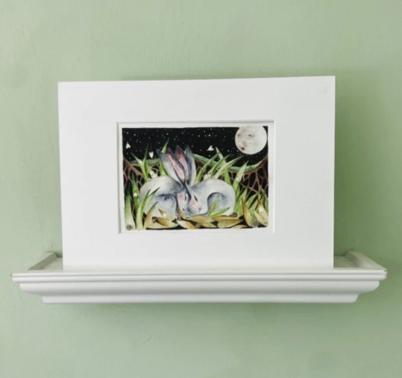 Mounted Original resting Hares / Rabbits under the Moon Watercolour