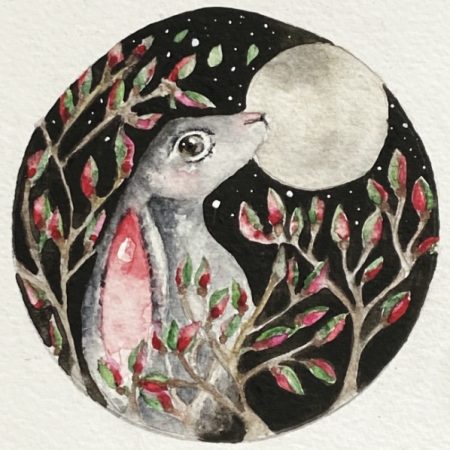 ACEO Mounted Original Moon Gazing Hare / Rabbit Watercolour