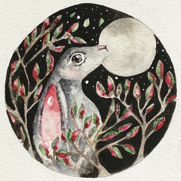 ACEO Mounted Original Moon Gazing Hare / Rabbit Watercolour