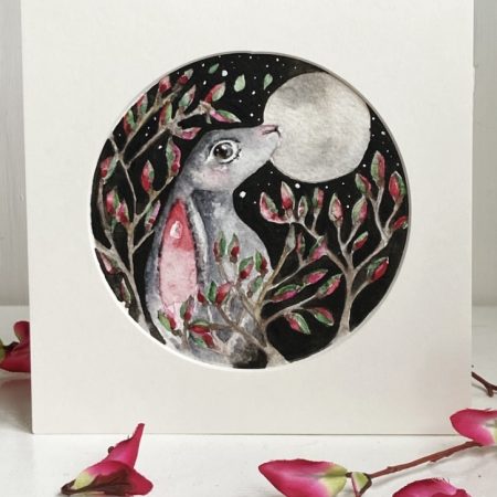 ACEO Mounted Original Moon Gazing Hare / Rabbit Watercolour