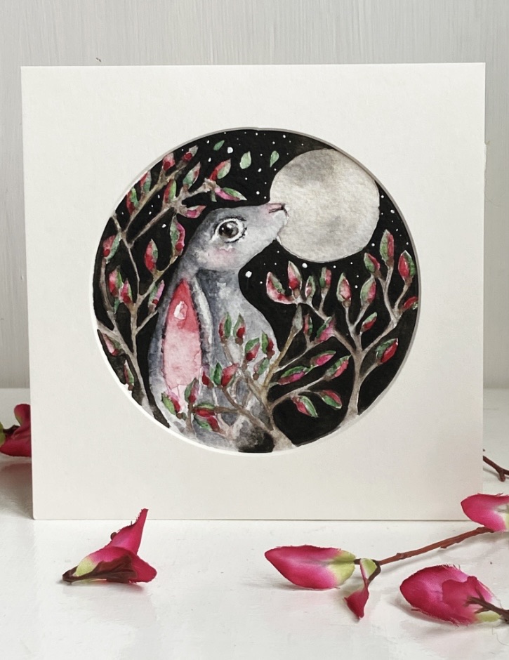 ACEO Mounted Original Moon Gazing Hare / Rabbit Watercolour