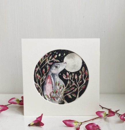 ACEO Mounted Original Moon Gazing Hare / Rabbit Watercolour