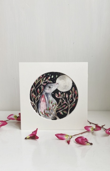 ACEO Mounted Original Moon Gazing Hare / Rabbit Watercolour