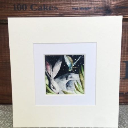 ACEO Mounted Original resting Hare / Rabbit with Dragonfly Watercolour