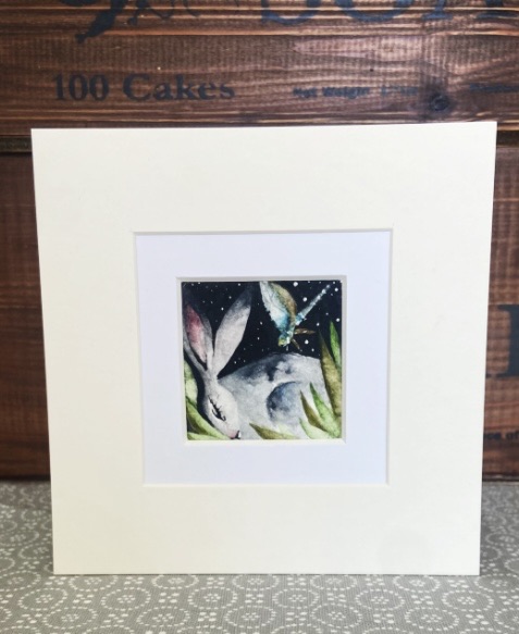 ACEO Mounted Original resting Hare / Rabbit with Dragonfly Watercolour