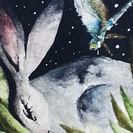 ACEO Mounted Original resting Hare / Rabbit with Dragonfly Watercolour