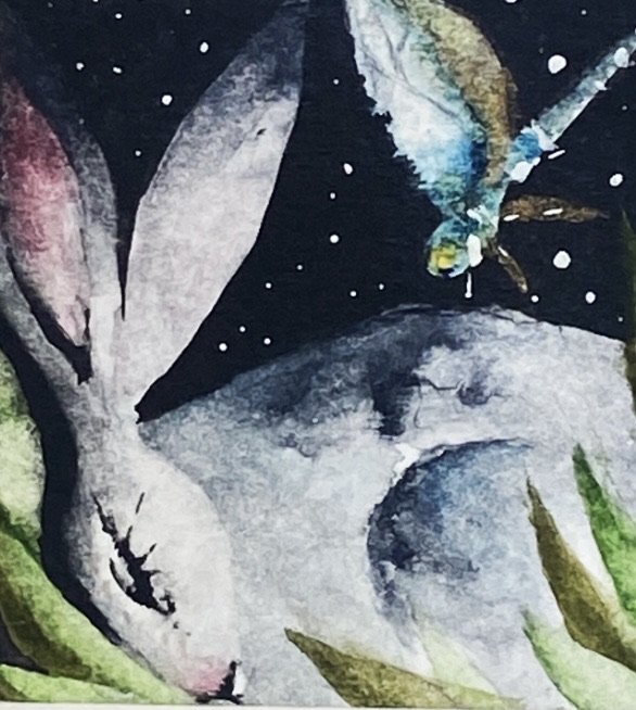 ACEO Mounted Original resting Hare / Rabbit with Dragonfly Watercolour