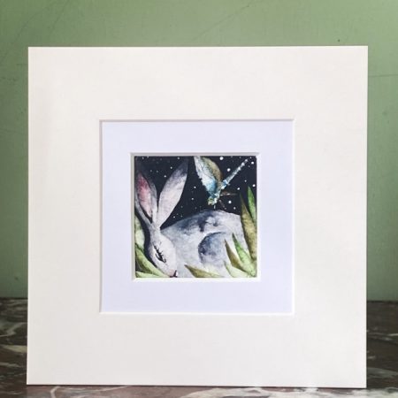 ACEO Mounted Original resting Hare / Rabbit with Dragonfly Watercolour