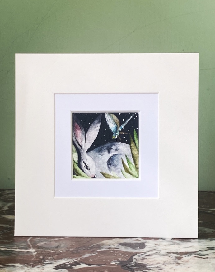 ACEO Mounted Original resting Hare / Rabbit with Dragonfly Watercolour