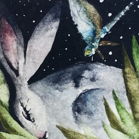 ACEO Mounted Original resting Hare / Rabbit with Dragonfly Watercolour