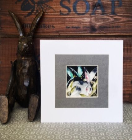 ACEO Mounted Original Hare / Rabbit with Dragonflies Watercolour