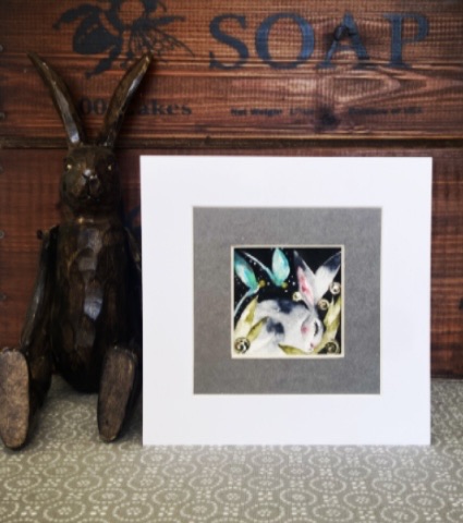 ACEO Mounted Original Hare / Rabbit with Dragonflies Watercolour