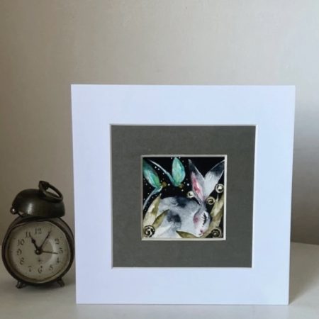 ACEO Mounted Original Hare / Rabbit with Dragonflies Watercolour