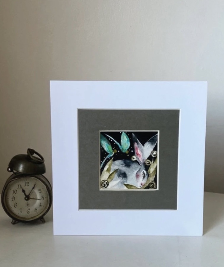 ACEO Mounted Original Hare / Rabbit with Dragonflies Watercolour