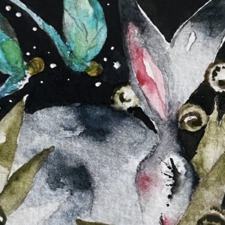 ACEO Mounted Original Hare / Rabbit with Dragonflies Watercolour