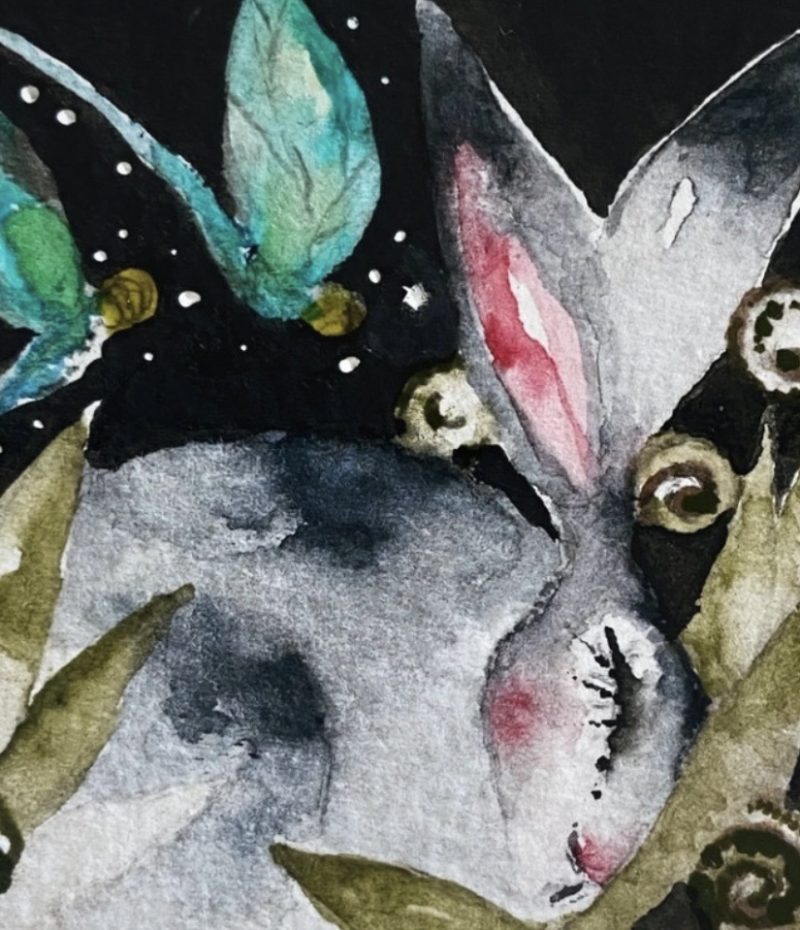 ACEO Mounted Original Hare / Rabbit with Dragonflies Watercolour