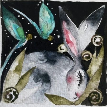 ACEO Mounted Original Hare / Rabbit with Dragonflies Watercolour