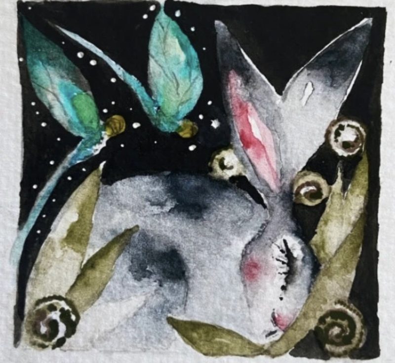 ACEO Mounted Original Hare / Rabbit with Dragonflies Watercolour