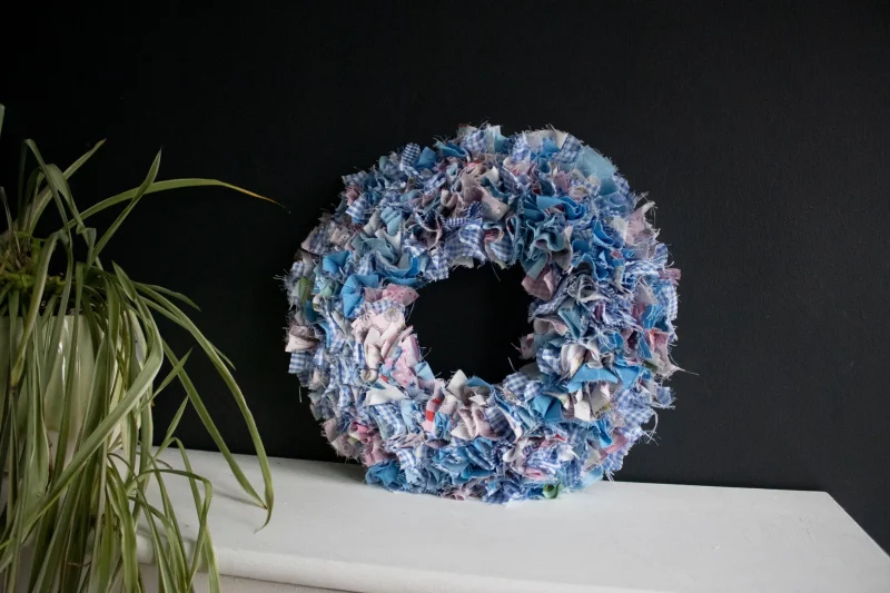 Handmade Blue Fabric Wreath | Upcycled, Rustic Wall Decor