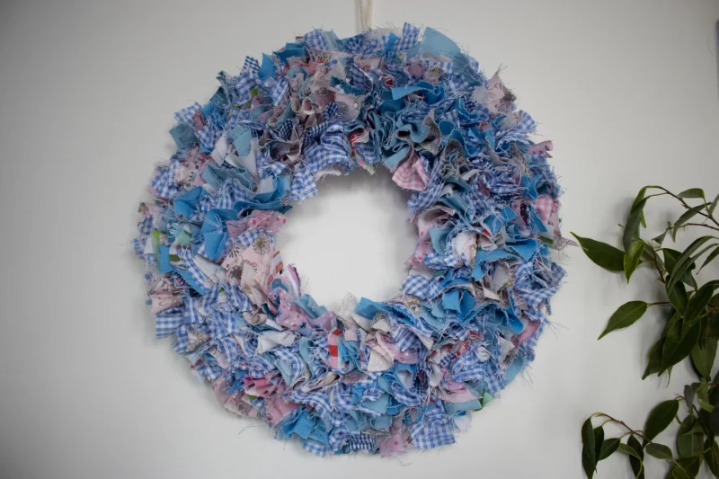 Handmade Blue Fabric Wreath | Upcycled, Rustic Wall Decor